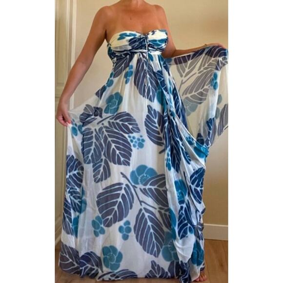 Tibi Silk Chiffon strapless Maxi Dress Blue White/off white Size 6 - Picture 4 of 14